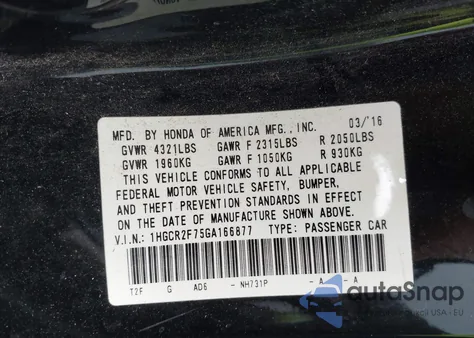 2016 Honda Accord Ex из США, поврежденный, VIN 1HGCR2F75GA166877